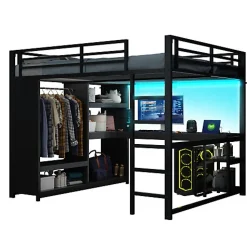 Lit mezzanine en métal 160x200cm avec LED - Bureau et compartiments de rangement - Armoire ouverte - Noir (sans matelas)