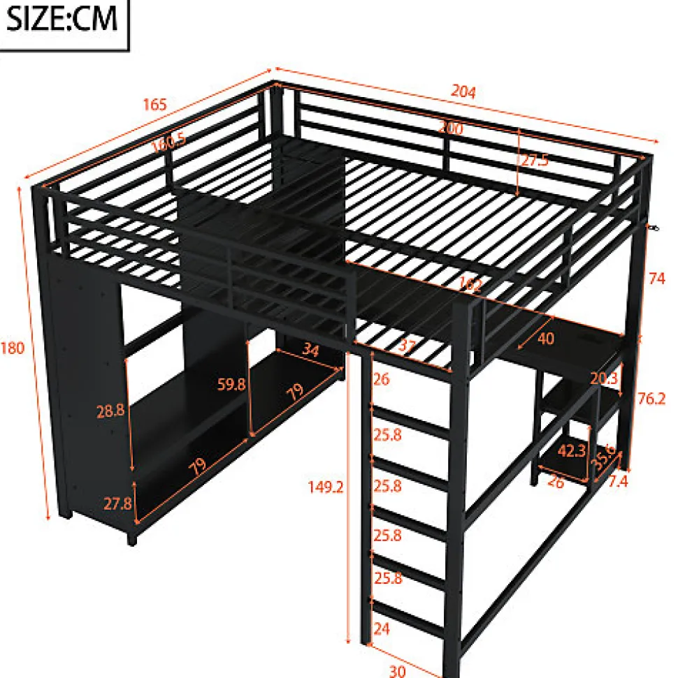 Lit mezzanine en métal 160x200cm avec LED - Bureau et compartiments de rangement - Armoire ouverte - Noir (sans matelas)
