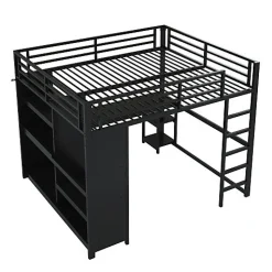 Lit mezzanine en métal 160x200cm avec LED - Bureau et compartiments de rangement - Armoire ouverte - Noir (sans matelas)