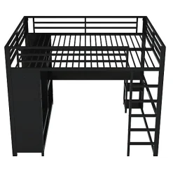 Lit mezzanine en métal 160x200cm avec LED - Bureau et compartiments de rangement - Armoire ouverte - Noir (sans matelas)