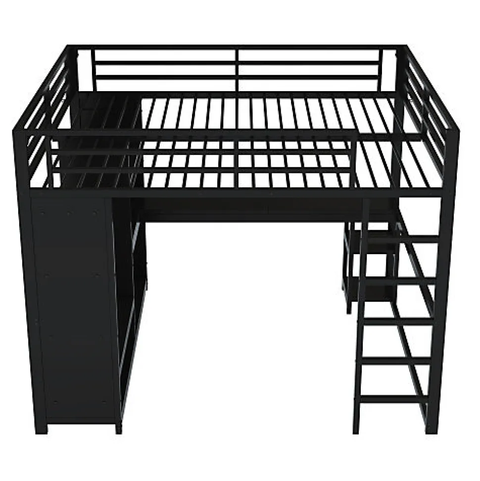 Lit mezzanine en métal 160x200cm avec LED - Bureau et compartiments de rangement - Armoire ouverte - Noir (sans matelas)