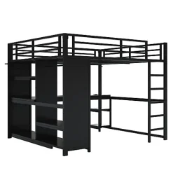 Lit mezzanine en métal 160x200cm avec LED - Bureau et compartiments de rangement - Armoire ouverte - Noir (sans matelas)