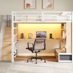 Lit mezzanine en métal 140x200cm avec LED - avec bureau et étagères - 2 tiroirs et escalier de rangement - Blanc (sans matelas)