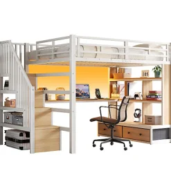 Lit mezzanine en métal 140x200cm avec LED - avec bureau et étagères - 2 tiroirs et escalier de rangement - Blanc (sans matelas)