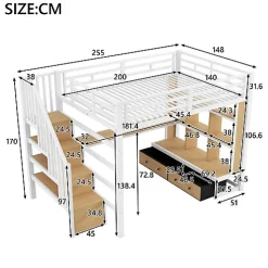 Lit mezzanine en métal 140x200cm avec LED - avec bureau et étagères - 2 tiroirs et escalier de rangement - Blanc (sans matelas)