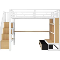 Lit mezzanine en métal 140x200cm avec LED - avec bureau et étagères - 2 tiroirs et escalier de rangement - Blanc (sans matelas)