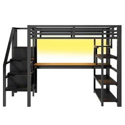 Lit mezzanine en métal 140x200mm avec armoire ouverte et bureau - LED et port USB - Avec échelle de rangement et étagères - Noir