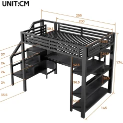 Lit mezzanine en métal 140x200mm avec armoire ouverte et bureau - LED et port USB - Avec échelle de rangement et étagères - Noir