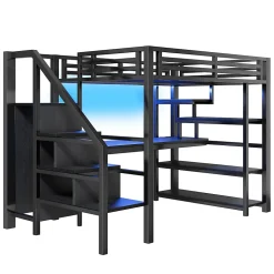 Lit mezzanine en métal 140x200mm avec armoire ouverte et bureau - LED et port USB - Avec échelle de rangement et étagères - Noir