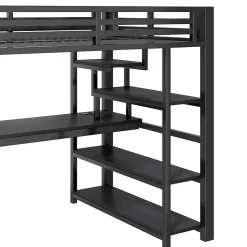 Lit mezzanine en métal 140x200mm avec armoire ouverte et bureau - LED et port USB - Avec échelle de rangement et étagères - Noir