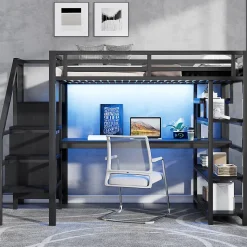 Lit mezzanine en métal 140x200mm avec armoire ouverte et bureau - LED et port USB - Avec échelle de rangement et étagères - Noir