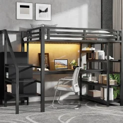 Lit mezzanine en métal 140x200mm avec armoire ouverte et bureau - LED et port USB - Avec échelle de rangement et étagères - Noir