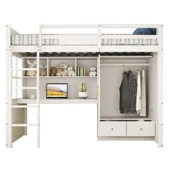 Lit mezzanine enfant avec bureau et armoire,90x200cm,blanc,avec échelle et rangement