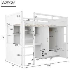 Lit mezzanine enfant avec bureau et armoire,90x200cm,blanc,avec échelle et rangement