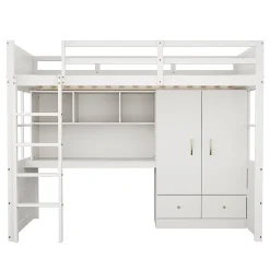 Lit mezzanine enfant avec bureau et armoire,90x200cm,blanc,avec échelle et rangement