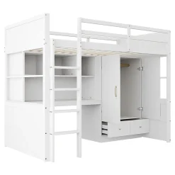 Lit mezzanine enfant avec bureau et armoire,90x200cm,blanc,avec échelle et rangement
