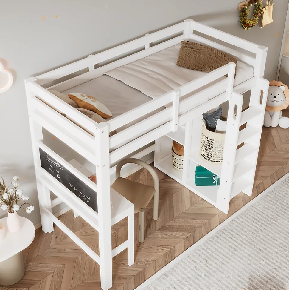 Lit Mezzanine Enfant Simple 90x200 cm - Bureau, Armoire Ouverte et Étagères, Barrières de Sécurité - sans Matelas - Blanc