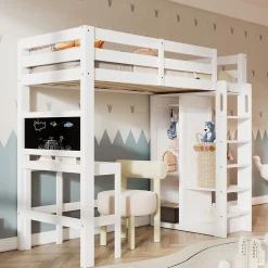 Lit Mezzanine Enfant Simple 90x200 cm - Bureau, Armoire Ouverte et Étagères, Barrières de Sécurité - sans Matelas - Blanc