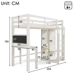 Lit Mezzanine Enfant Simple 90x200 cm - Bureau, Armoire Ouverte et Étagères, Barrières de Sécurité - sans Matelas - Blanc