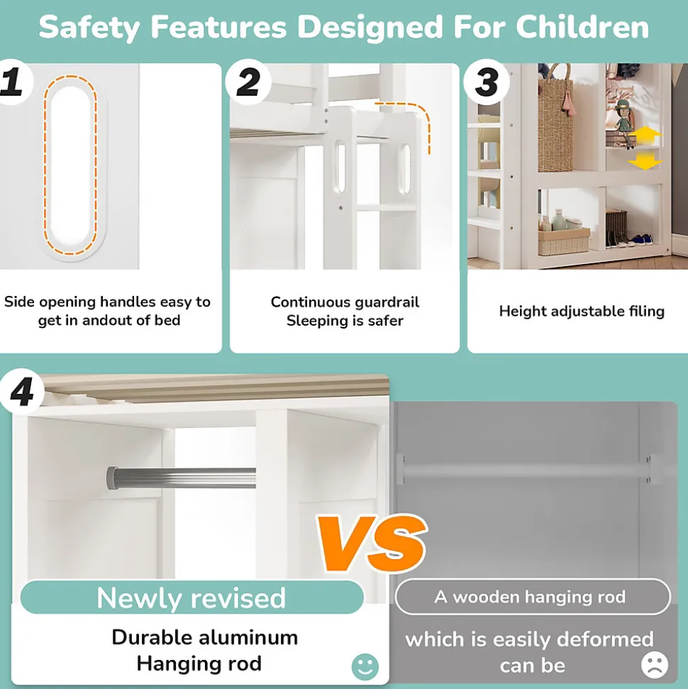 Lit Mezzanine Enfant Simple 90x200 cm - Bureau, Armoire Ouverte et Étagères, Barrières de Sécurité - sans Matelas - Blanc