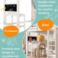 Lit Mezzanine Enfant Simple 90x200 cm - Bureau, Armoire Ouverte et Étagères, Barrières de Sécurité - sans Matelas - Blanc