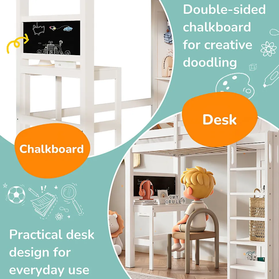 Lit Mezzanine Enfant Simple 90x200 cm - Bureau, Armoire Ouverte et Étagères, Barrières de Sécurité - sans Matelas - Blanc