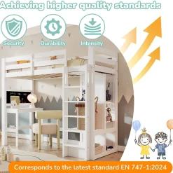 Lit Mezzanine Enfant Simple 90x200 cm - Bureau, Armoire Ouverte et Étagères, Barrières de Sécurité - sans Matelas - Blanc