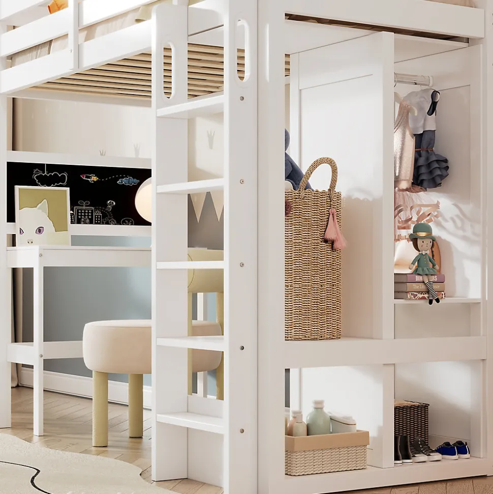 Lit Mezzanine Enfant Simple 90x200 cm - Bureau, Armoire Ouverte et Étagères, Barrières de Sécurité - sans Matelas - Blanc