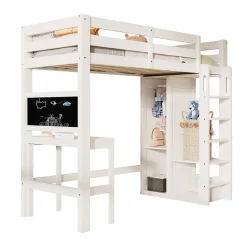 Lit Mezzanine Enfant Simple 90x200 cm - Bureau, Armoire Ouverte et Étagères, Barrières de Sécurité - sans Matelas - Blanc