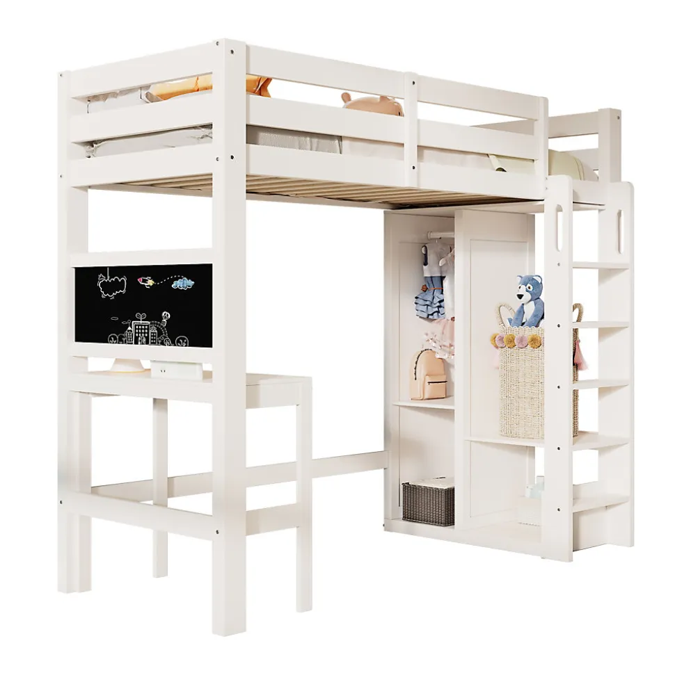 Lit Mezzanine Enfant Simple 90x200 cm - Bureau, Armoire Ouverte et Étagères, Barrières de Sécurité - sans Matelas - Blanc