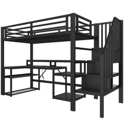 Lit Mezzanine Enfant 90x200 cm Avec Bureau, LED, Escalier de Rangement, Garde-Corps et Ports USB, Sans Matelas, Métal + MDF, Noir