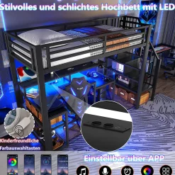 Lit Mezzanine Enfant 90x200 cm Avec Bureau, LED, Escalier de Rangement, Garde-Corps et Ports USB, Sans Matelas, Métal + MDF, Noir