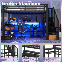 Lit Mezzanine Enfant 90x200 cm Avec Bureau, LED, Escalier de Rangement, Garde-Corps et Ports USB, Sans Matelas, Métal + MDF, Noir