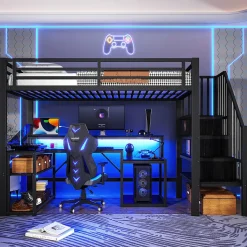 Lit Mezzanine Enfant 90x200 cm Avec Bureau, LED, Escalier de Rangement, Garde-Corps et Ports USB, Sans Matelas, Métal + MDF, Noir