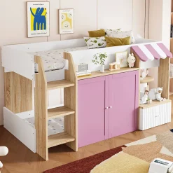 Lit Mezzanine enfant 90x200 cm avec Échelle et Rangement Ouvert - Bois Massif Naturel et Rose, Sans Matelas