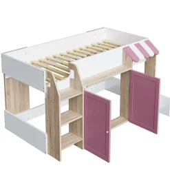 Lit Mezzanine enfant 90x200 cm avec Échelle et Rangement Ouvert - Bois Massif Naturel et Rose, Sans Matelas