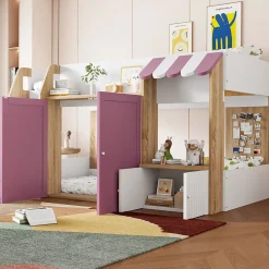 Lit Mezzanine enfant 90x200 cm avec Échelle et Rangement Ouvert - Bois Massif Naturel et Rose, Sans Matelas