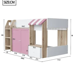 Lit Mezzanine enfant 90x200 cm avec Échelle et Rangement Ouvert - Bois Massif Naturel et Rose, Sans Matelas