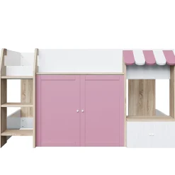 Lit Mezzanine enfant 90x200 cm avec Échelle et Rangement Ouvert - Bois Massif Naturel et Rose, Sans Matelas