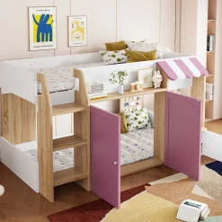 Lit Mezzanine enfant 90x200 cm avec Échelle et Rangement Ouvert - Bois Massif Naturel et Rose, Sans Matelas