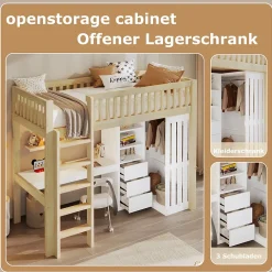 Lit Mezzanine Enfant 90x200 cm - avec Bureau Intégré, Armoire et 3 Tiroirs, Échelle et Garde-Corps, Bois Naturel - sans Matelas