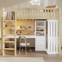 Lit Mezzanine Enfant 90x200 cm - avec Bureau Intégré, Armoire et 3 Tiroirs, Échelle et Garde-Corps, Bois Naturel - sans Matelas