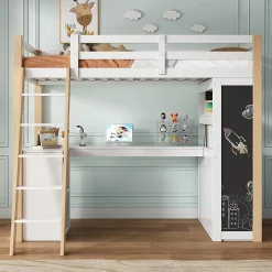 Lit Mezzanine enfant 90x200 cm - avec Bureau et Grand Tiroir de Rangement - Sans Matelas - Bois Massif et MDF, Blanc et Naturel