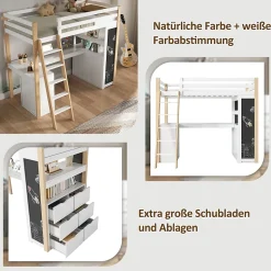 Lit Mezzanine enfant 90x200 cm - avec Bureau et Grand Tiroir de Rangement - Sans Matelas - Bois Massif et MDF, Blanc et Naturel
