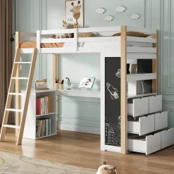 Lit Mezzanine enfant 90x200 cm - avec Bureau et Grand Tiroir de Rangement - Sans Matelas - Bois Massif et MDF, Blanc et Naturel
