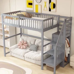 Lit Mezzanine enfant 90x200 cm avec Rangement, Escalier et Petit Dressing Intégré Bois Gris, Multifonction pour Chambre Ado, Gris