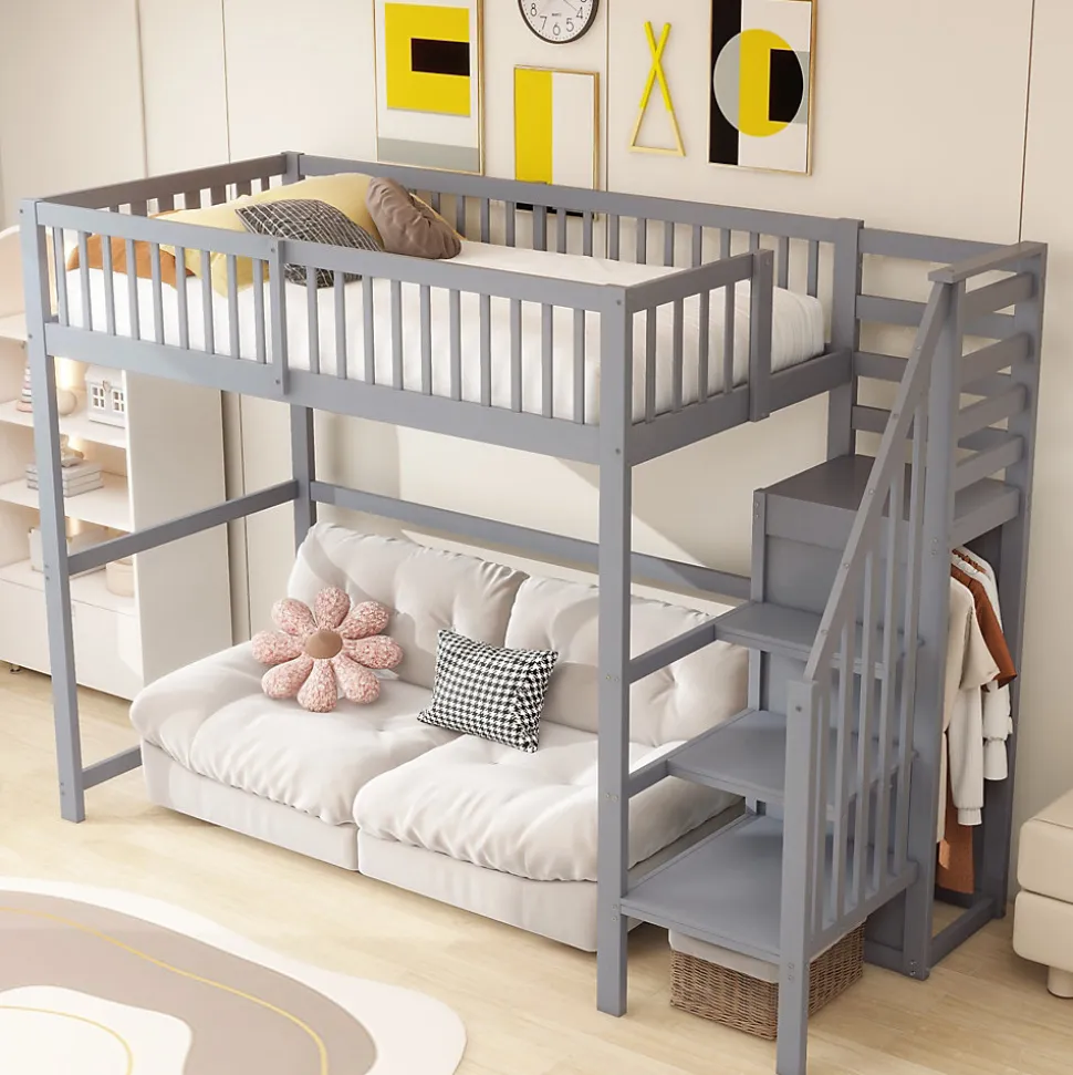Lit Mezzanine enfant 90x200 cm avec Rangement, Escalier et Petit Dressing Intégré Bois Gris, Multifonction pour Chambre Ado, Gris