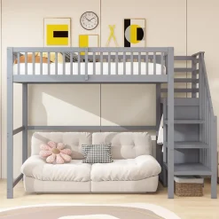 Lit Mezzanine enfant 90x200 cm avec Rangement, Escalier et Petit Dressing Intégré Bois Gris, Multifonction pour Chambre Ado, Gris