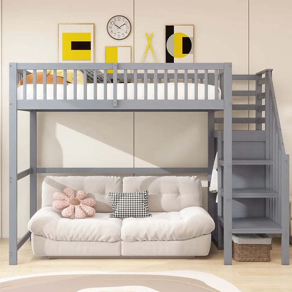 Lit Mezzanine enfant 90x200 cm avec Rangement, Escalier et Petit Dressing Intégré Bois Gris, Multifonction pour Chambre Ado, Gris