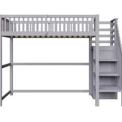 Lit Mezzanine enfant 90x200 cm avec Rangement, Escalier et Petit Dressing Intégré Bois Gris, Multifonction pour Chambre Ado, Gris